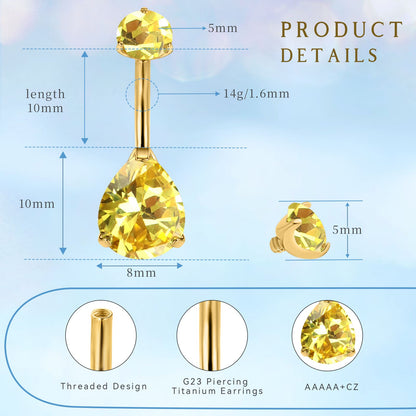 limerencia G23 Titanium Belly Button Rings hypoallergenic medical implant grade 14G Teardrop CZ Belly Navel Rings Piercing Belly Bars（Water drop belly button ring）