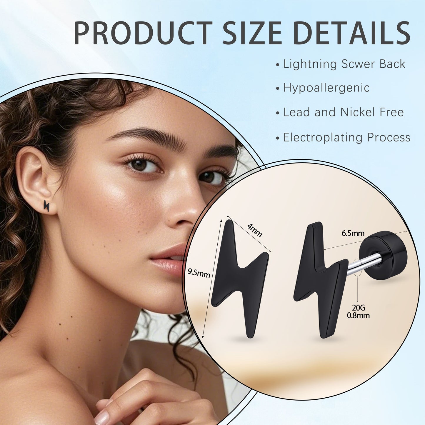 Limerencia Titanium Women Flatback Earrings,Lightning Bolt Stud Earrings|Cute and Fashionable Earrings Suitable for Both Men and Women,Suitable for Sensitive Ears