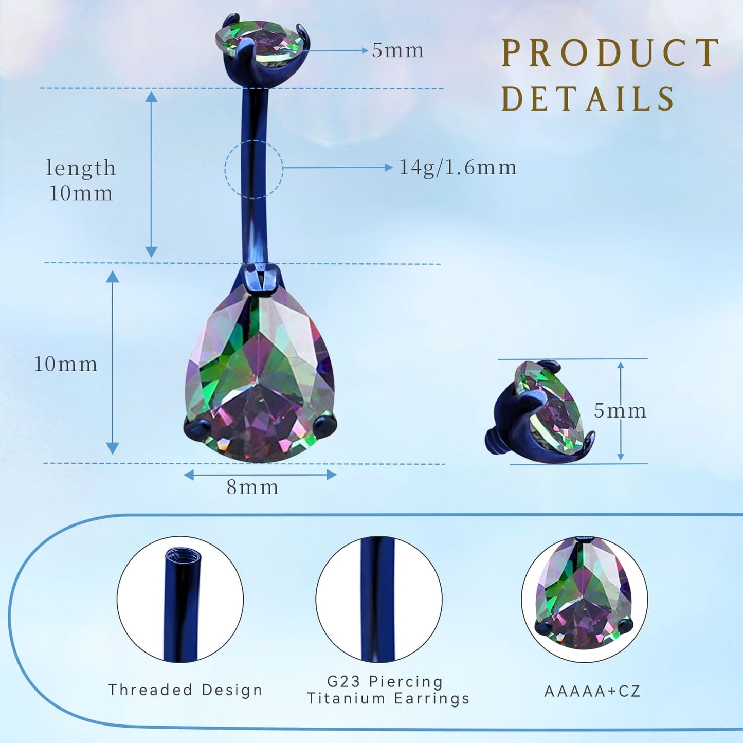 limerencia G23 Titanium Belly Button Rings hypoallergenic medical implant grade 14G Teardrop CZ Belly Navel Rings Piercing Belly Bars（Water drop belly button ring）