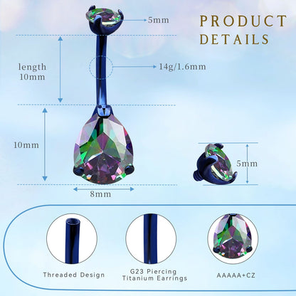 limerencia G23 Titanium Belly Button Rings hypoallergenic medical implant grade 14G Teardrop CZ Belly Navel Rings Piercing Belly Bars（Water drop belly button ring）