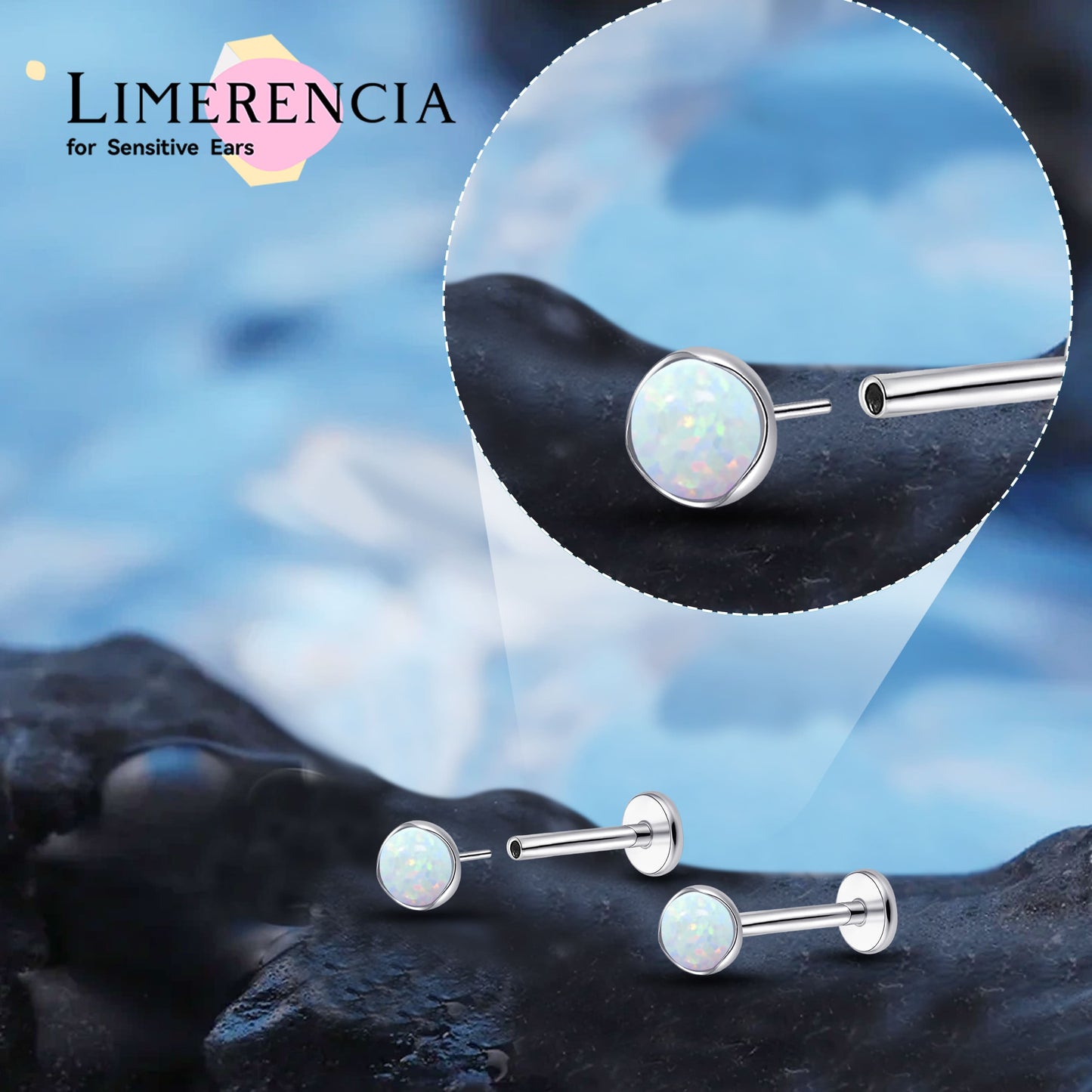 Limerencia 20G 低アレルギーチタンオパール無ネジ鼻ピアス、2 個入りフラット裏金ワンタッチタイプ、ラブレット・メデューサ・モンロー・ヘリックス・軟骨・トラガス・コンク用ボディピアス 男女兼用