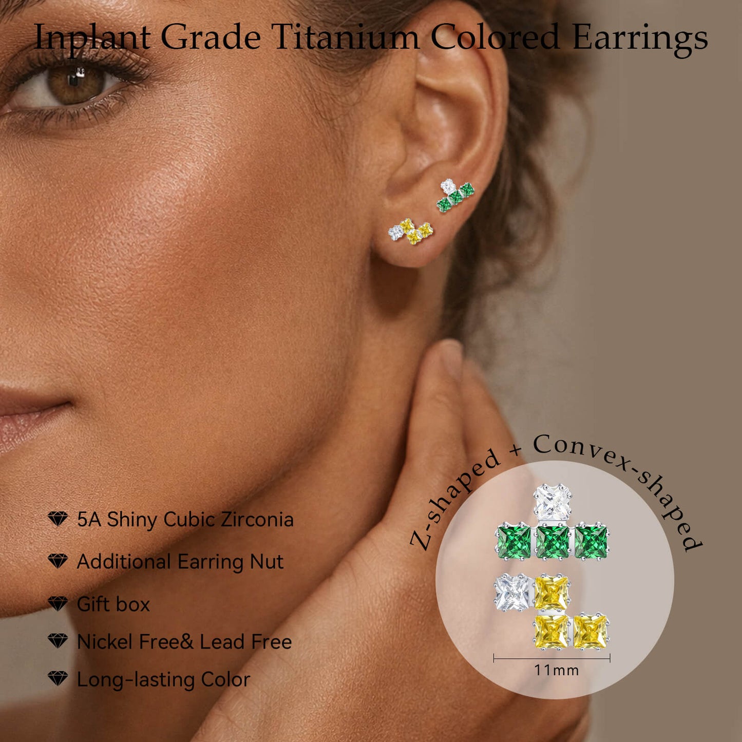 Limerencia F136 Titan-Flachstecker – 2 Stück ungleiche Zirkonia-Ohrringe, hypoallergene Schraubverschlüsse für empfindliche Ohren, schlaffreundlich, Geschenkbox für Damen