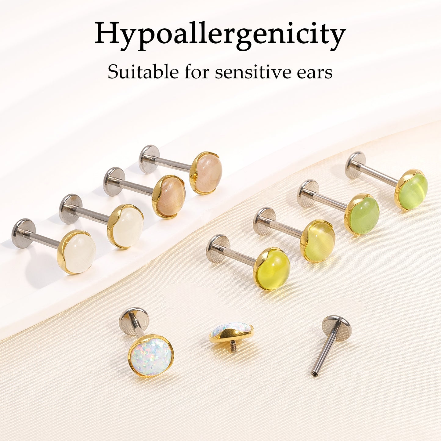 Boucles d’oreilles hypoallergéniques Limerencia pour oreilles sensibles – Puces à dos plat en titane G23 avec pierre œil de chat ronde, piercings cartilage pierre 5 mm, cadeau pour femme et homme