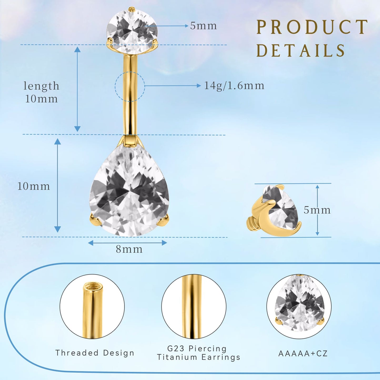 limerencia G23 Titanium Belly Button Rings hypoallergenic medical implant grade 14G Teardrop CZ Belly Navel Rings Piercing Belly Bars（Water drop belly button ring）