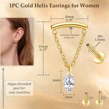 Limerencia 18G Titan-Ohrschmuck mit Innengewinde und flachem Verschluss für Damen, 1 Stück Hängepiercing mit Kette für Helix, hypoallergen, 6mm/8mm Knorpelstecker geeignet für Tragus, Conch und Ohrläppchen