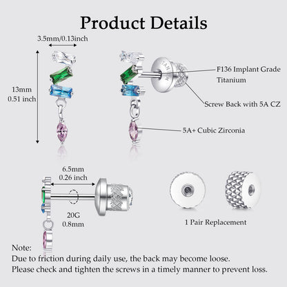 Limerencia Titanium Screw Back Earrings, Hypoallergenic F136 Implant Grade Flat Back Earrings for Women Men, Double Side Cubic Zirconia Sleeper Studs Jewelry/3 Dangle