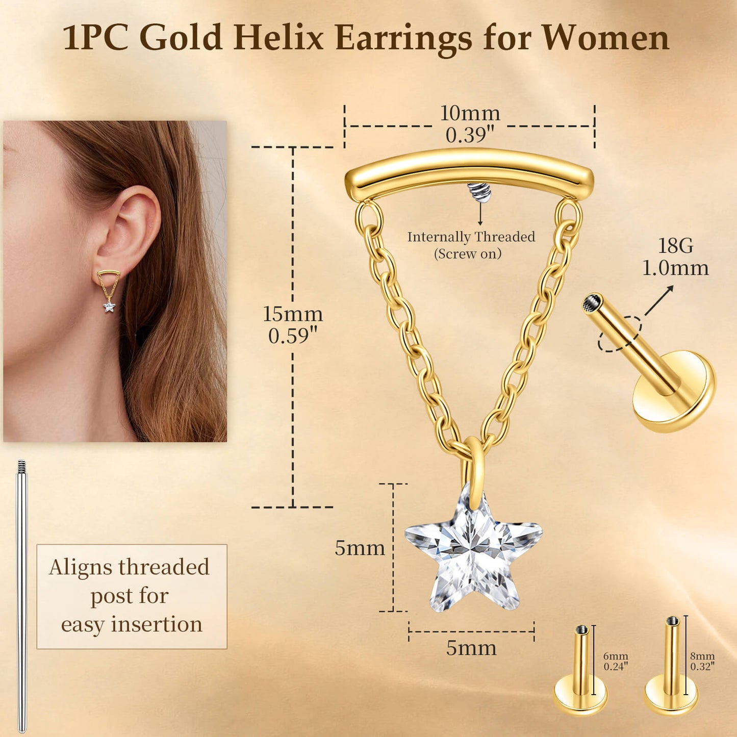 Limerencia 18G Titan-Ohrschmuck mit Innengewinde und flachem Verschluss für Damen, 1 Stück Hängepiercing mit Kette für Helix, hypoallergen, 6mm/8mm Knorpelstecker geeignet für Tragus, Conch und Ohrläppchen
