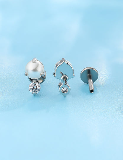Limerencia G23 Hypoallergenic 18g Flat Back Stud Earrings | F136 Implant Grade Titanium Press Fit Threadless Push Pop in Cartilage Helix Labret Lip Monroe Tragus Piercing Studs- CZ + Pearl