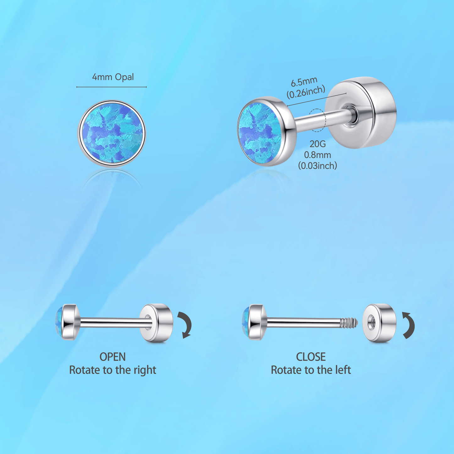 Limerencia 20G Titan-Flatback-Ohrringe für empfindliche Ohren, G23 hypoallergene Titan-Ohrringe mit Opalimitat und Schraubverschluss für Knorpel-, Helix- und Tragus-Piercings