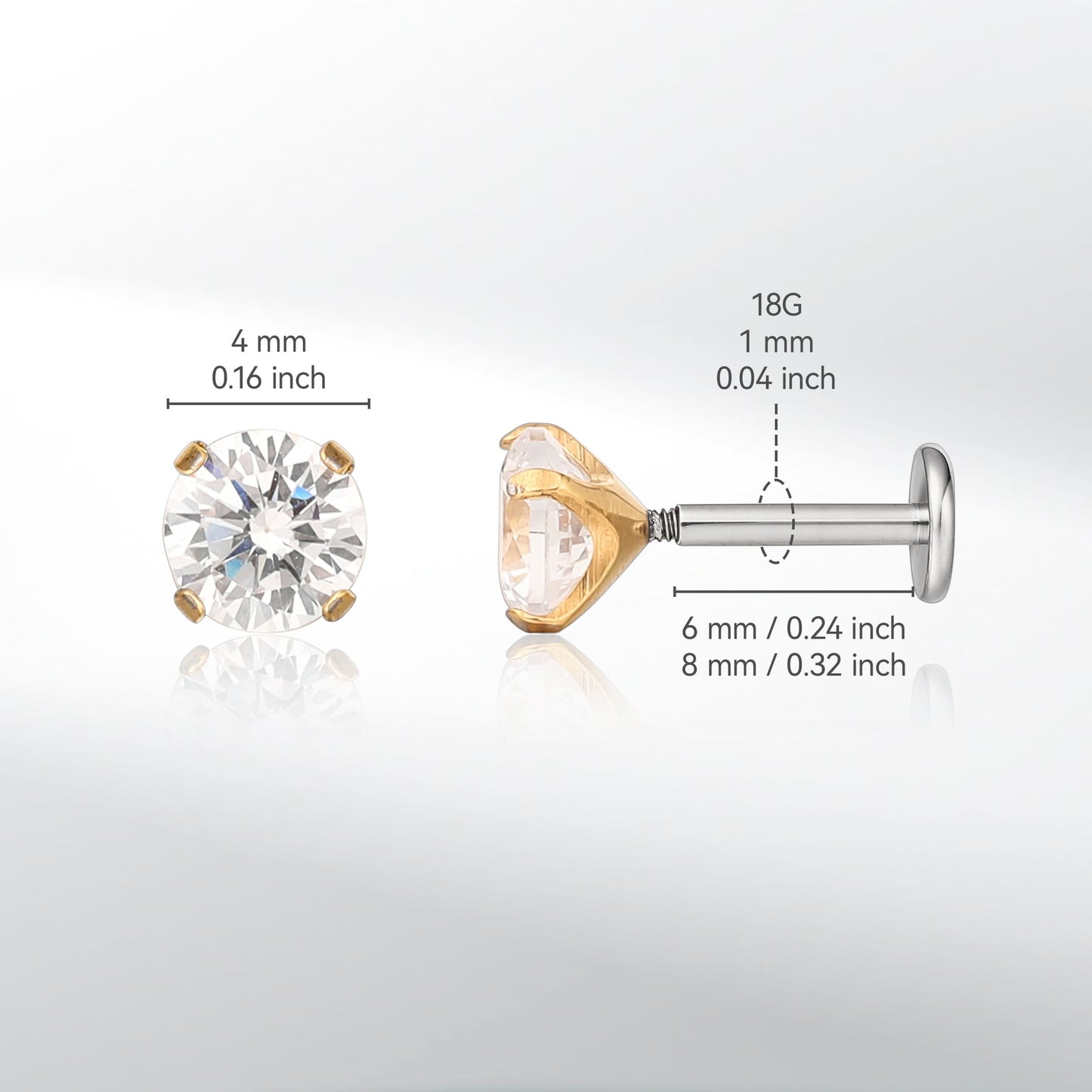 Gioielli piercing ipoallergenici in titanio F136 Limerencia, borchie filettate interne fondo piatto 18G 6mm 8mm 10mm per trago, elica, conca, cartilagine, naso e labbra (Zircone bianco 2mm)