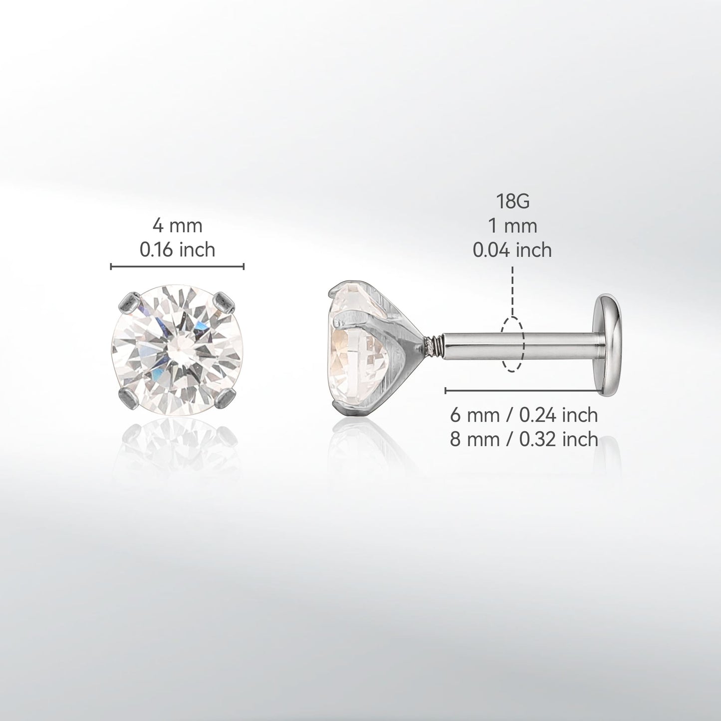 Gioielli piercing ipoallergenici in titanio F136 Limerencia, borchie filettate interne fondo piatto 18G 6mm 8mm 10mm per trago, elica, conca, cartilagine, naso e labbra (Zircone bianco 2mm)