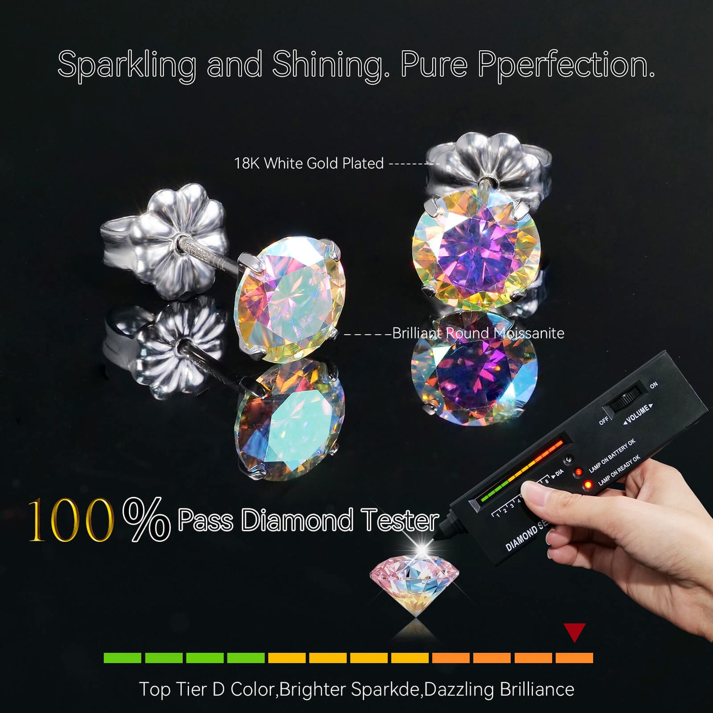 Pendientes de moissanita, pendientes de titanio hipoalergénico G23 para mujer y hombre, corte redondo color D pureza VVS1, joya de moissanita multicolor bañada en oro blanco 18K, 0,6CT-3,0CT
