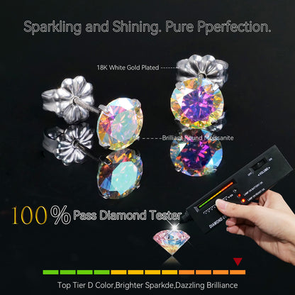 Pendientes de moissanita, pendientes de titanio hipoalergénico G23 para mujer y hombre, corte redondo color D pureza VVS1, joya de moissanita multicolor bañada en oro blanco 18K, 0,6CT-3,0CT