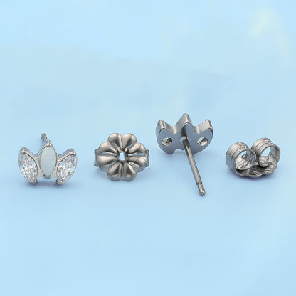 Limerencia Pure Titanium Hypoallergenic Earrings | White Opal + White CZ Crown | Implant Grade Piercing jewelry| Suitable for Sensitive Ears Delicate Jewelry