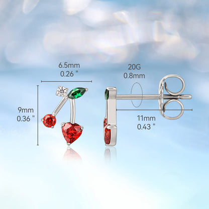 Limerencia F136 Aretes de titanio puro hipoalergénicos de grado implante, aretes pequeños y delicados de circonita cúbica G23 para oídos sensibles de mujer (cereza)
