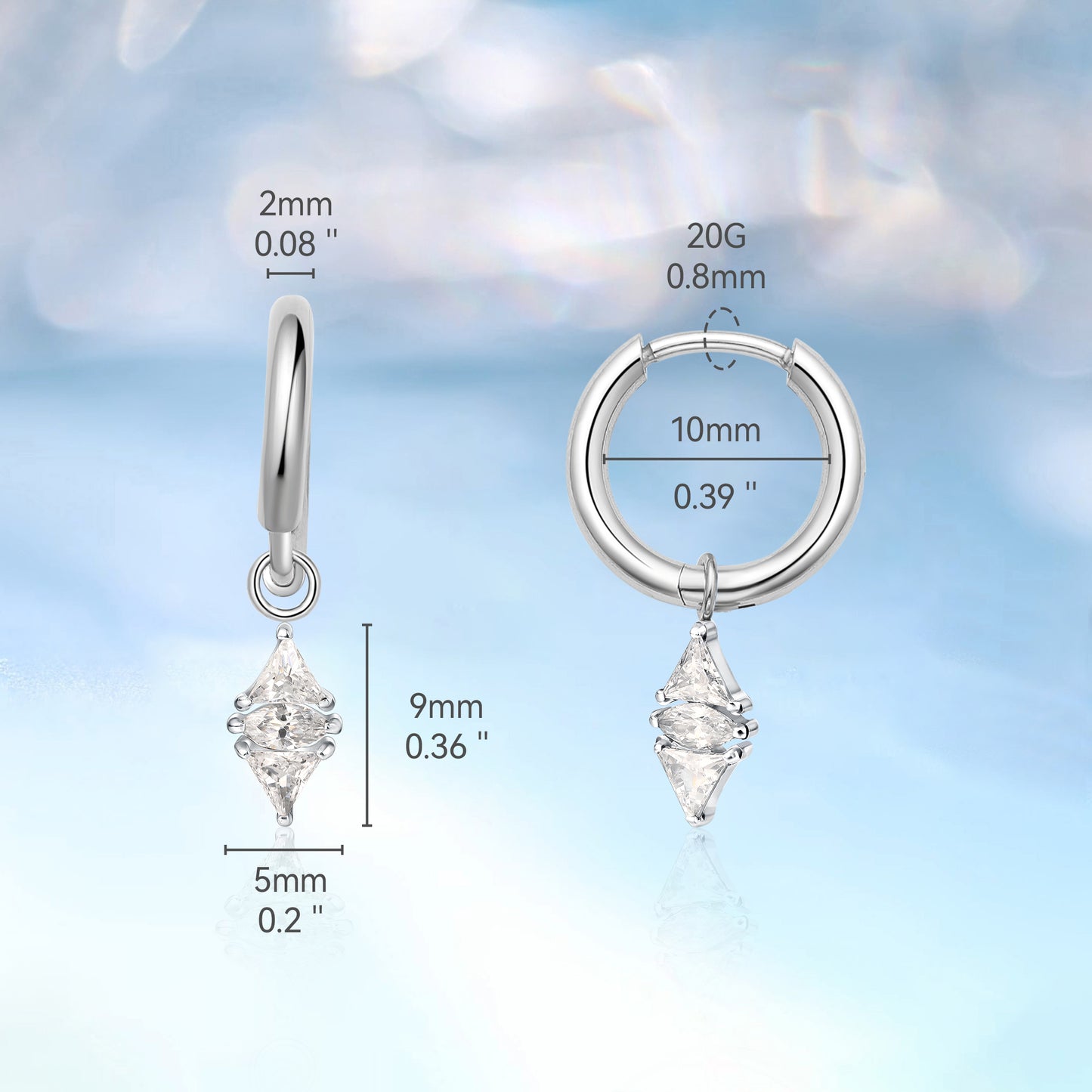 Limerencia Hypoallergenic Pure Titanium Post Lightweight Dangle Huggie Earrings for Women | Vertical Bar, Cross, Moon, Lightning | Dainty Earrings (CZ Rhombic)