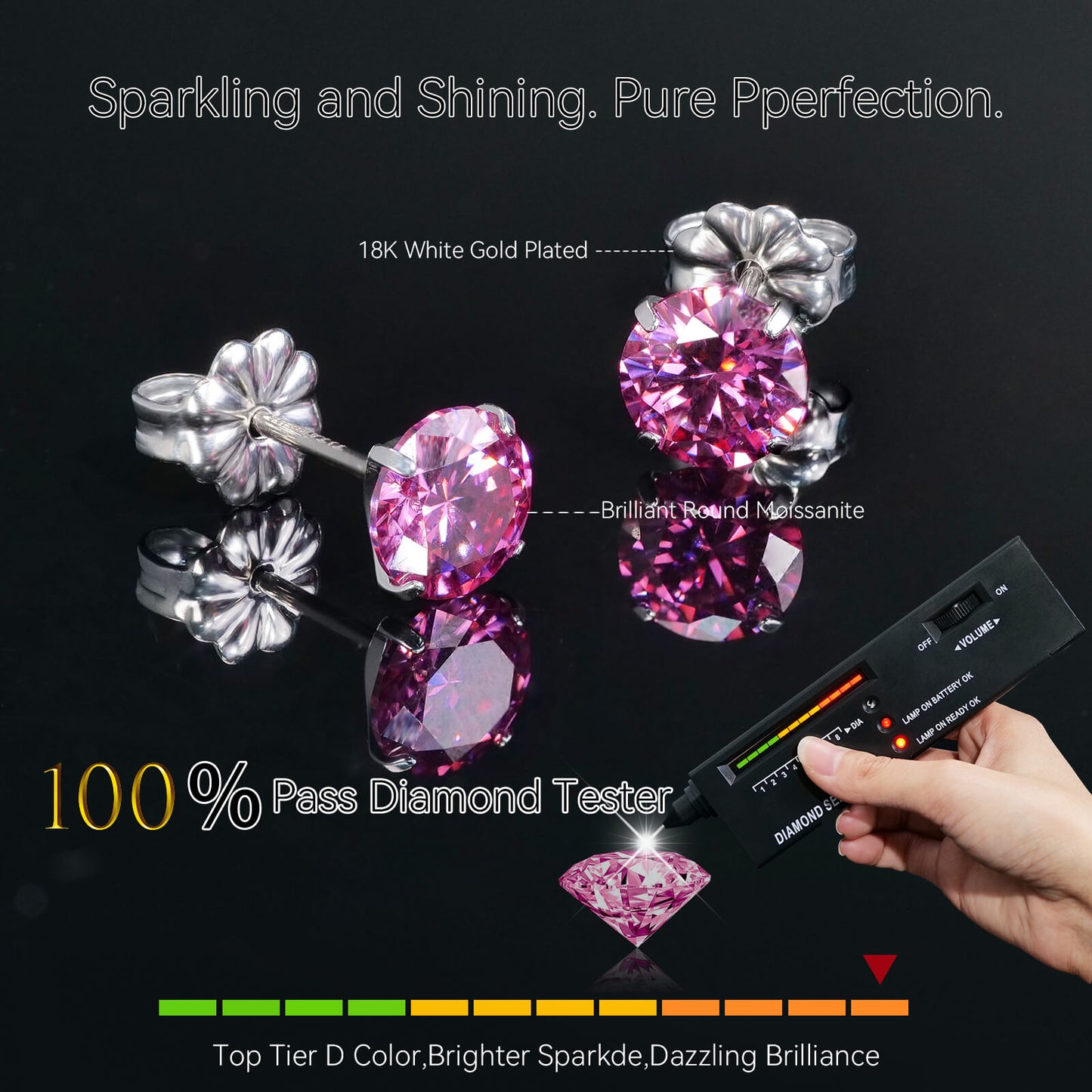 Pendientes de moissanita, pendientes de titanio hipoalergénico G23 para mujer y hombre, corte redondo color D pureza VVS1, joya de moissanita multicolor bañada en oro blanco 18K, 0,6CT-3,0CT
