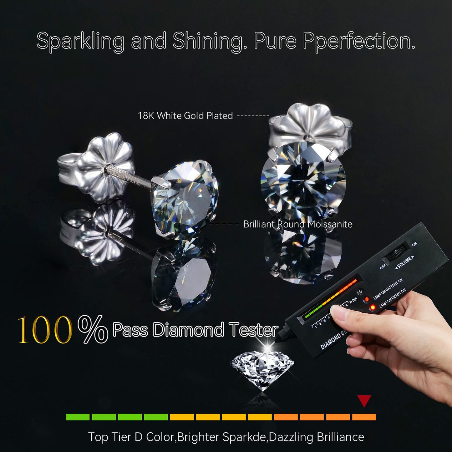 Pendientes de moissanita, pendientes de titanio hipoalergénico G23 para mujer y hombre, corte redondo color D pureza VVS1, joya de moissanita multicolor bañada en oro blanco 18K, 0,6CT-3,0CT