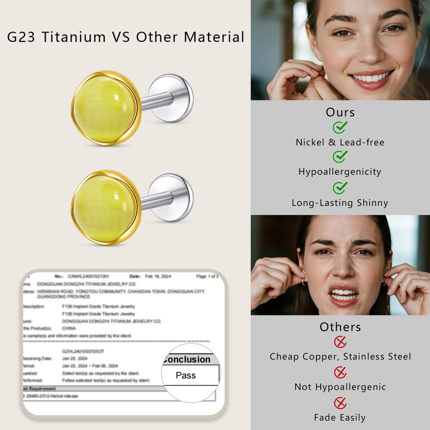 Limerencia hypoallergene Ohrstecker für empfindliche Ohren – Flachrück-Ohrstecker mit rundem Katzenauge aus G23-Titan, 5-mm-Stein-Ohrschmuck für Knorpelpiercing, Geschenk für Damen und Herren