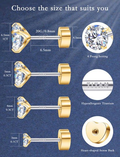 Limerencia Moissanite Stud Earrings for Women Men, F136 Hypoallergenic Titanium Earrings for Sensitive Ears, 18K White Gold Plated Star or Heart Flat Back, D Color VVS1 Clarity, GRA Certificate