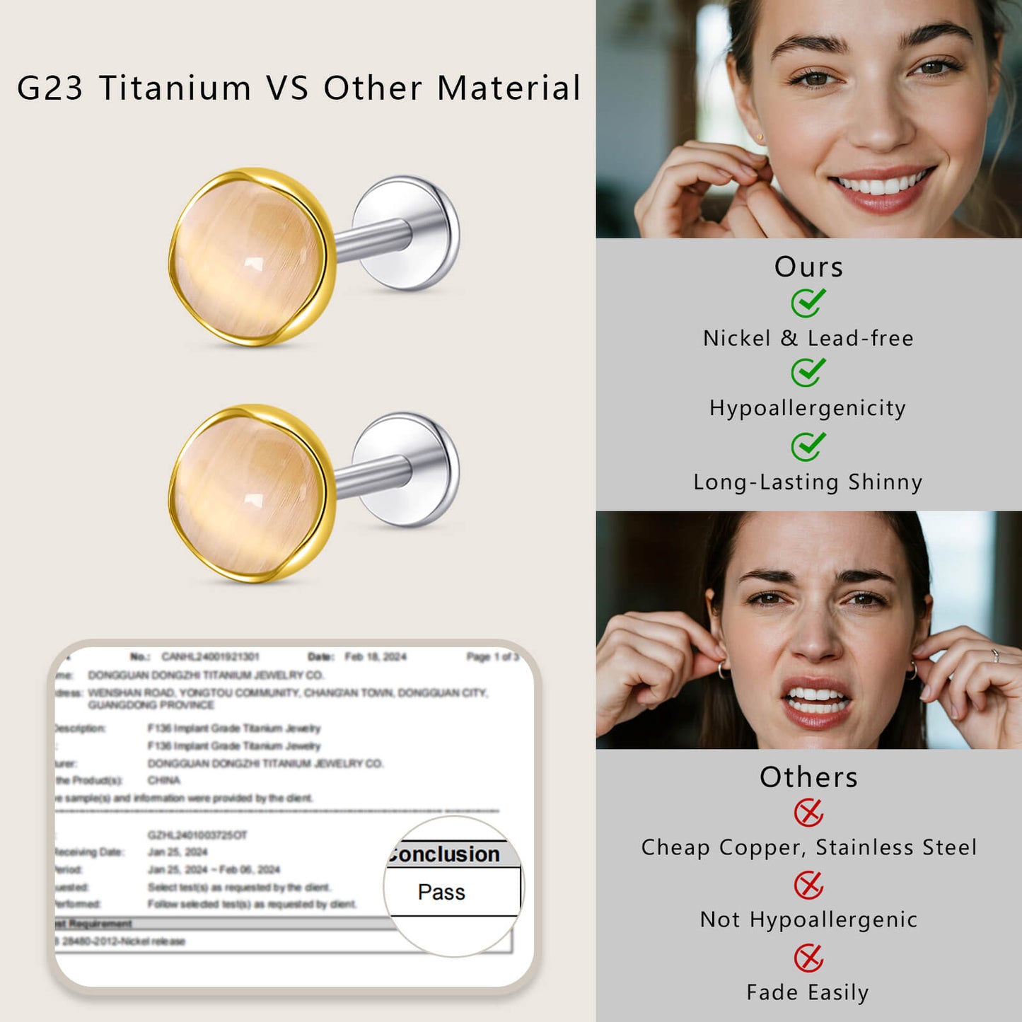 Limerencia hypoallergene Ohrstecker für empfindliche Ohren – Flachrück-Ohrstecker mit rundem Katzenauge aus G23-Titan, 5-mm-Stein-Ohrschmuck für Knorpelpiercing, Geschenk für Damen und Herren