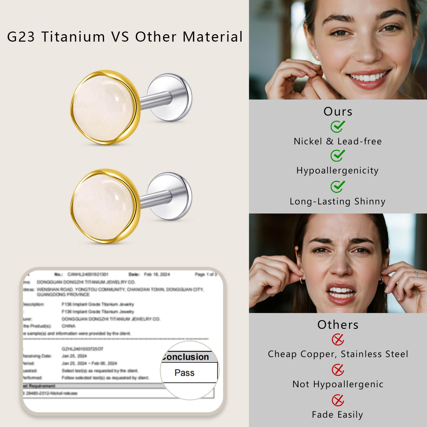 Limerencia hypoallergene Ohrstecker für empfindliche Ohren – Flachrück-Ohrstecker mit rundem Katzenauge aus G23-Titan, 5-mm-Stein-Ohrschmuck für Knorpelpiercing, Geschenk für Damen und Herren