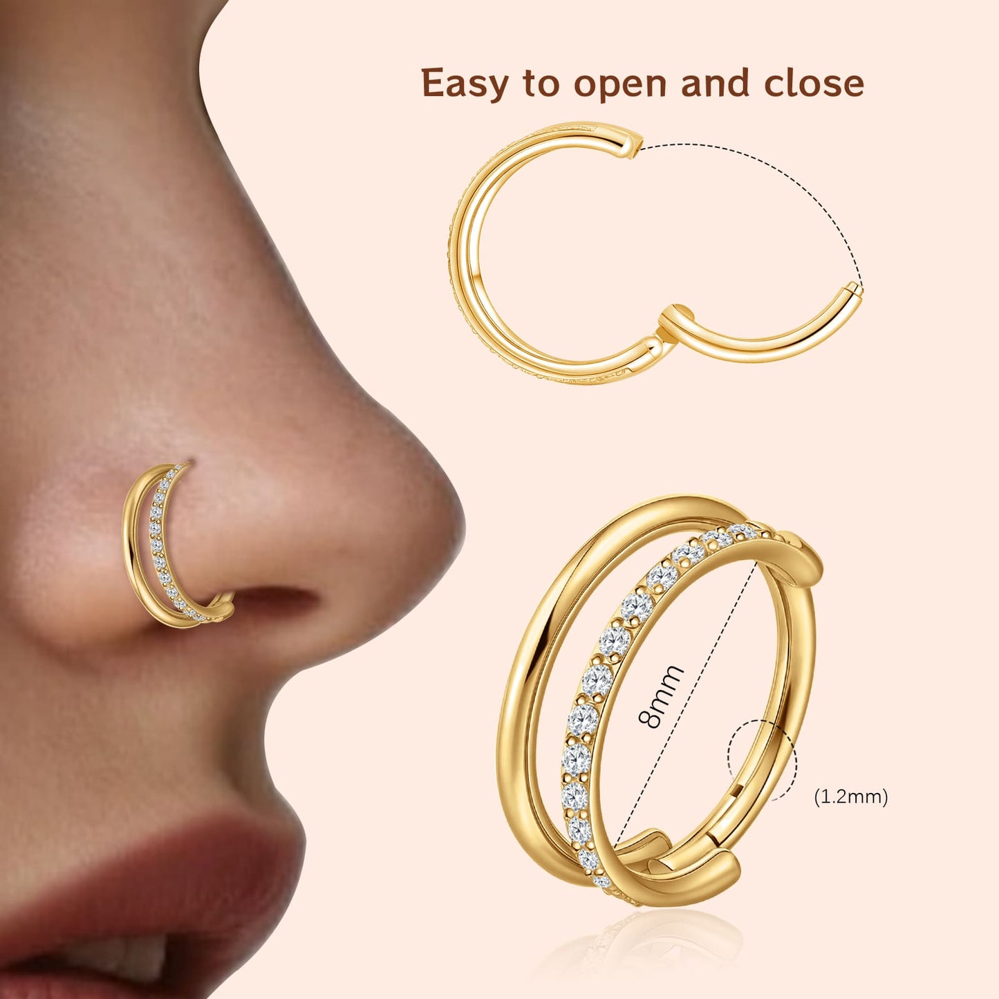 Aro nasal Limerencia, aro de titanio para mujer y hombre – circonitas cúbicas en ambos lados