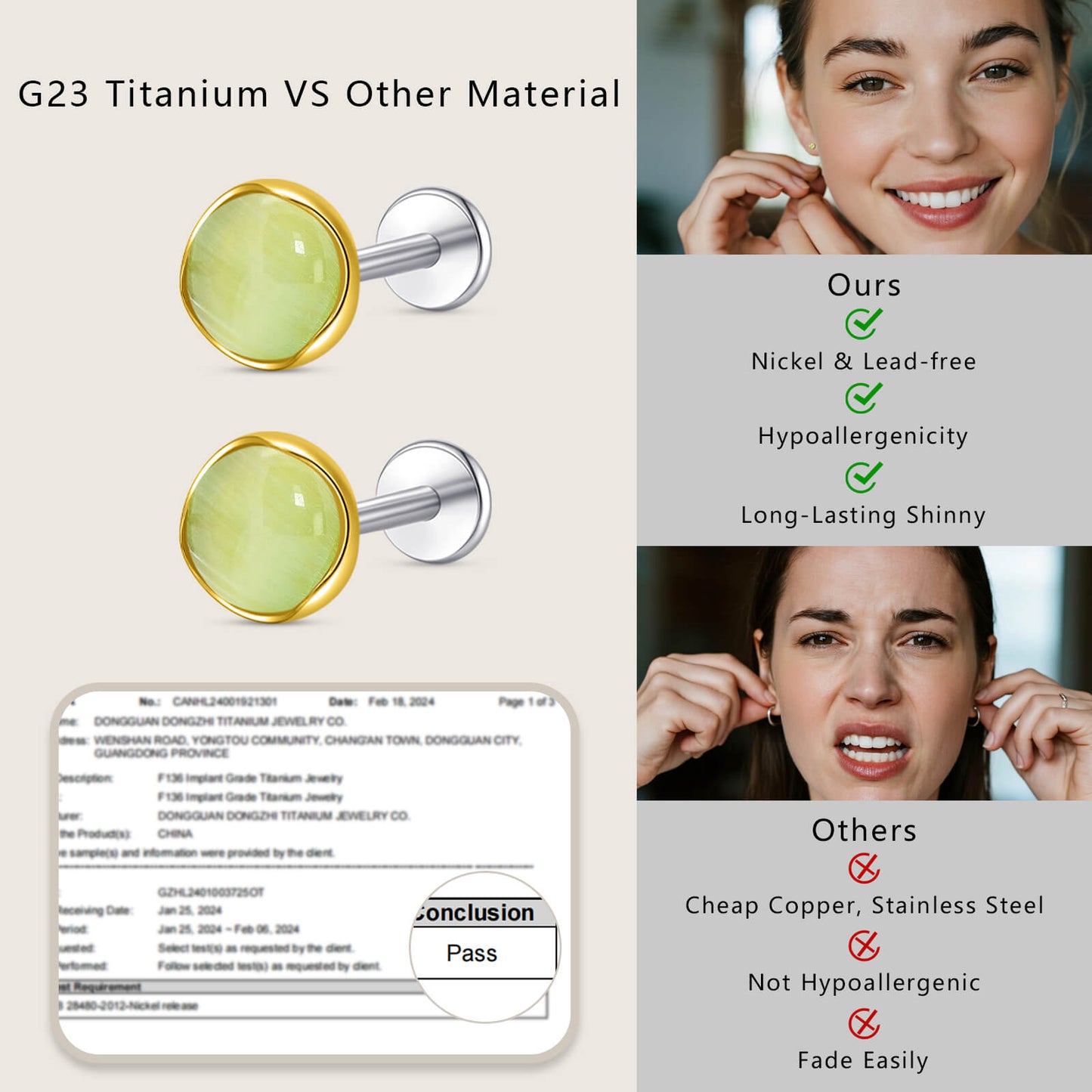 Limerencia hypoallergene Ohrstecker für empfindliche Ohren – Flachrück-Ohrstecker mit rundem Katzenauge aus G23-Titan, 5-mm-Stein-Ohrschmuck für Knorpelpiercing, Geschenk für Damen und Herren