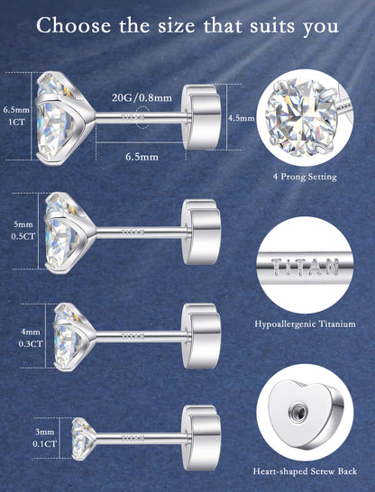 Limerencia Moissanite Stud Earrings for Women Men, F136 Hypoallergenic Titanium Earrings for Sensitive Ears, 18K White Gold Plated Star or Heart Flat Back, D Color VVS1 Clarity, GRA Certificate