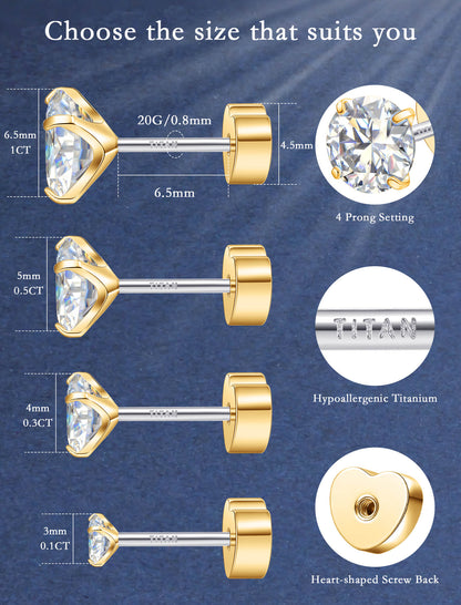 Limerencia Moissanite Stud Earrings for Women Men, F136 Hypoallergenic Titanium Earrings for Sensitive Ears, 18K White Gold Plated Star or Heart Flat Back, D Color VVS1 Clarity, GRA Certificate
