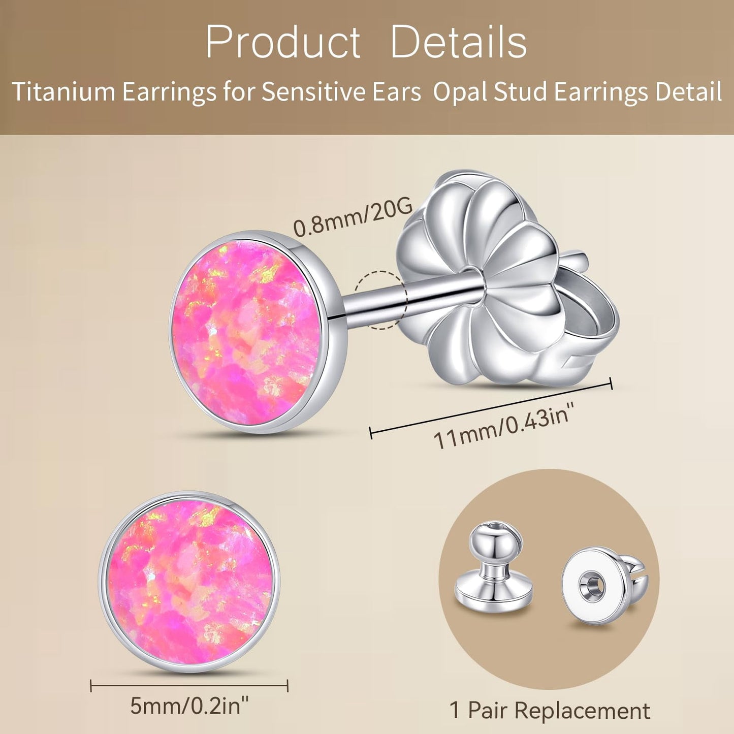 Limerencia Titanium Hypoallergenic Earrings, Minimalist Opal Stud Earrings,F136 Implant Grade,Suitable for Sensitive Ears Delicate Jewelry，Pink Opal 6mm