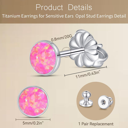 Limerencia Titanium Hypoallergenic Earrings, Minimalist Opal Stud Earrings,F136 Implant Grade,Suitable for Sensitive Ears Delicate Jewelry，Pink Opal 6mm