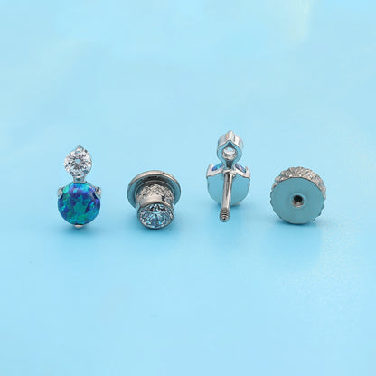 Boucles d'oreilles à fermeture à vis Limerencia en titane G23 grade implant F136 hypoallergénique, poinçon 20G pour tragus et hélix, zircon cubique + opale verte, pour cartilage et oreilles sensibles des jeunes filles