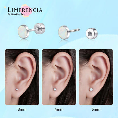 Limerencia Thread Flat Back Stud Earrings, Titanium Hypoallergenic Earrings for Women Men, Opal Stud Earrings Surgical Stainless Steel Stud Earring for Cartilage,White 3mm
