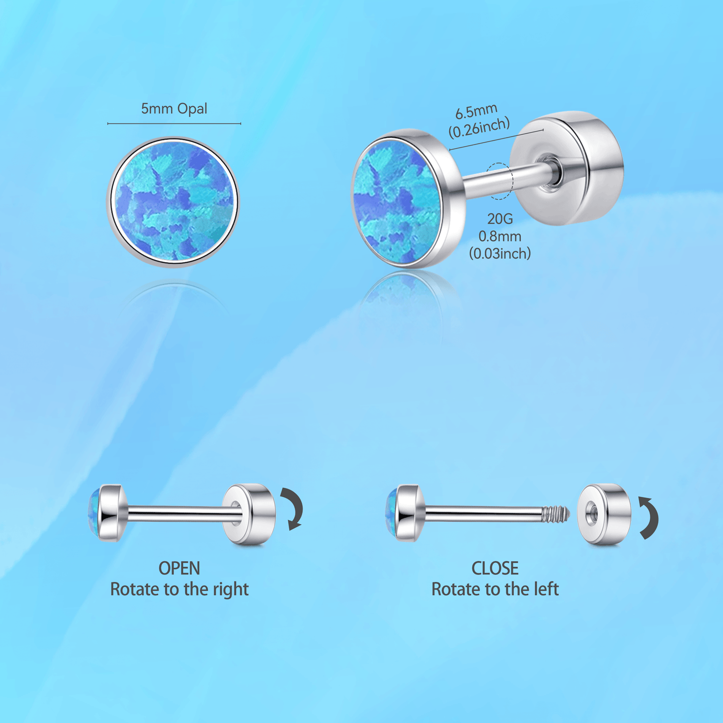 Limerencia 20G Titan-Flatback-Ohrringe für empfindliche Ohren, G23 hypoallergene Titan-Ohrringe mit Opalimitat und Schraubverschluss für Knorpel-, Helix- und Tragus-Piercings