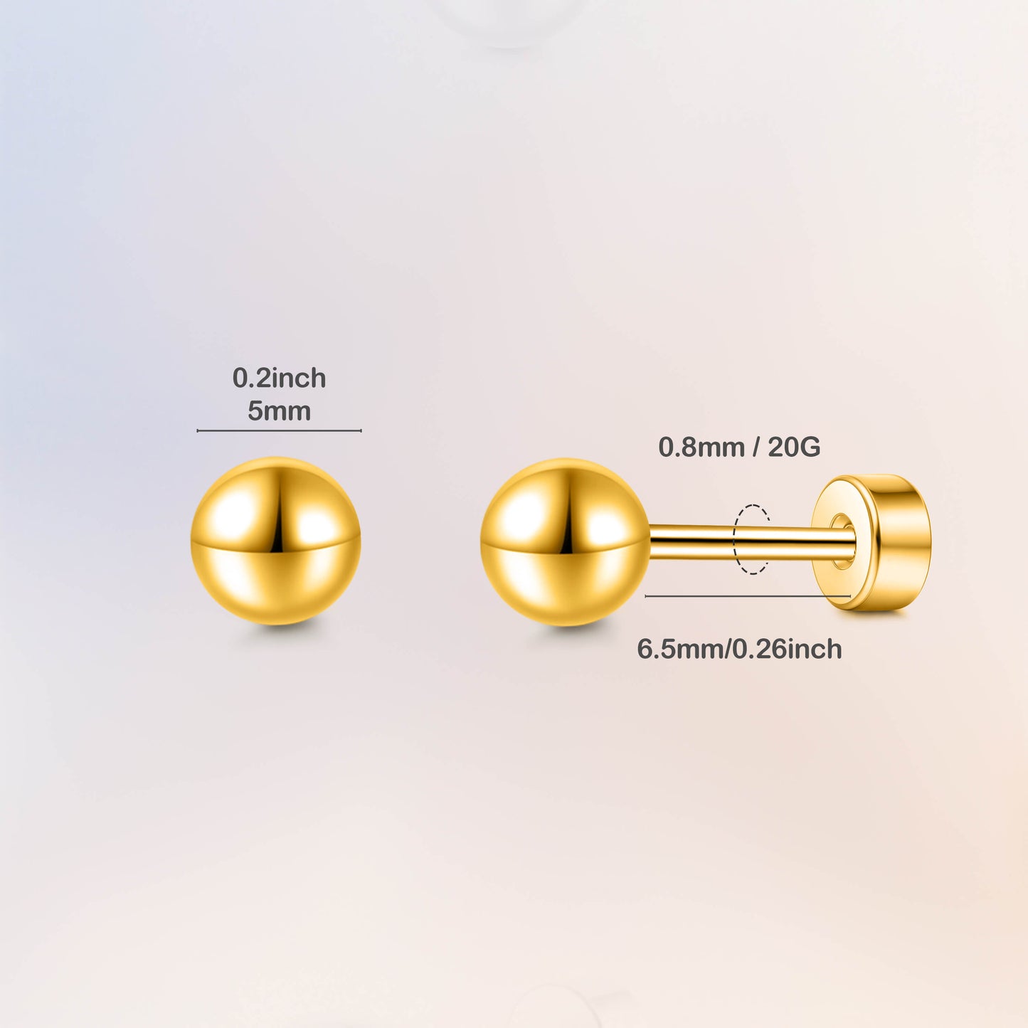 Limerencia Titan-Flachverschluss-Ohrstecker, hypoallergene Kugelohrstecker für empfindliche Ohren, schlichte klassische Flachstecker in 3 mm bis 5 mm, ideal für Helix, Tragus, Knorpel und Ohrläppchen