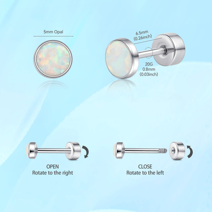 Limerencia 20G Titan-Flatback-Ohrringe für empfindliche Ohren, G23 hypoallergene Titan-Ohrringe mit Opalimitat und Schraubverschluss für Knorpel-, Helix- und Tragus-Piercings