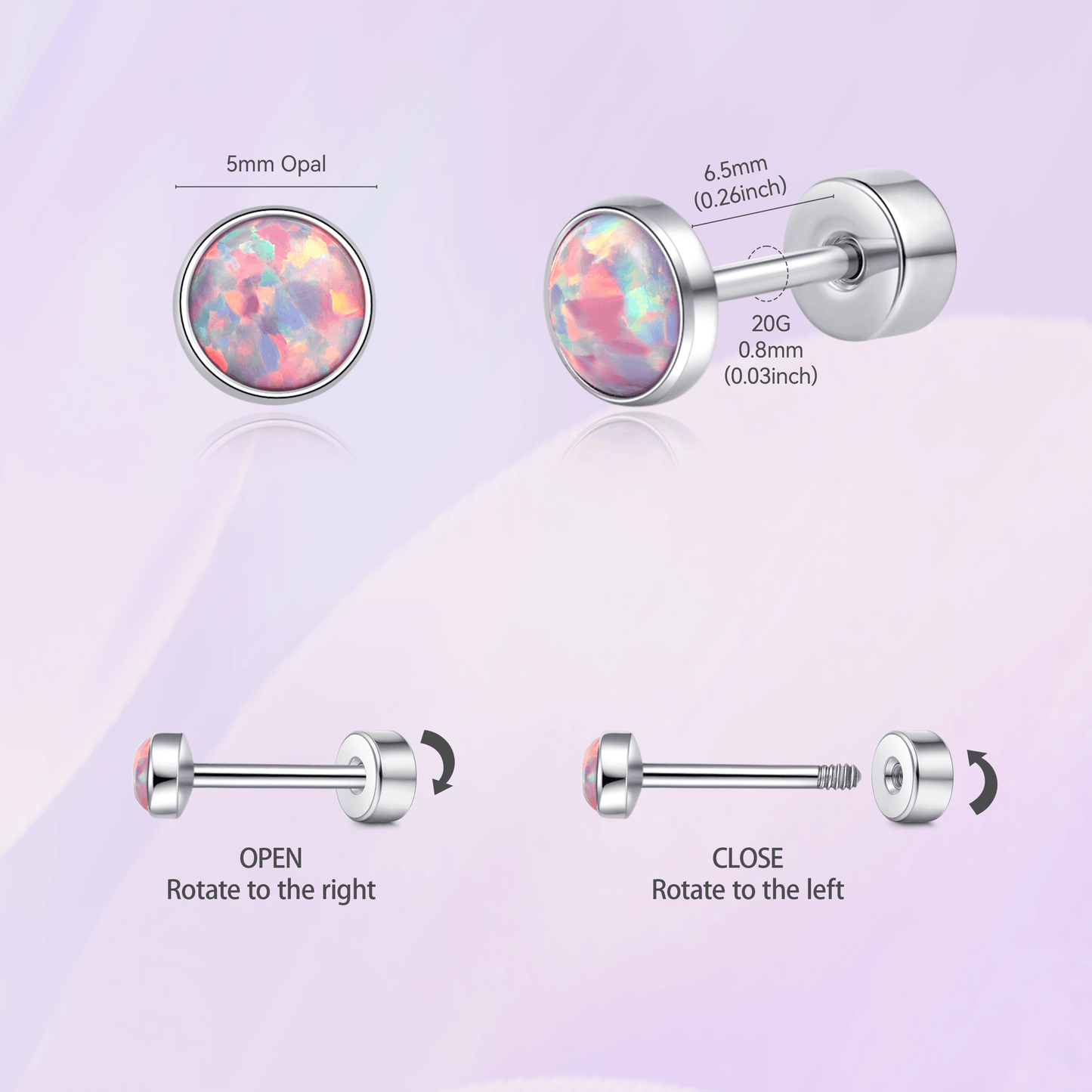 Limerencia 20G Titan-Flatback-Ohrringe für empfindliche Ohren, G23 hypoallergene Titan-Ohrringe mit Opalimitat und Schraubverschluss für Knorpel-, Helix- und Tragus-Piercings