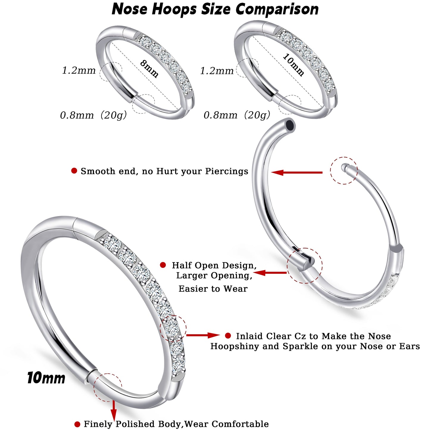 Aro nasal de titanio G23 Limerencia, aro nasal con circonita 8 mm / 10 mm | Arete de cartílago, anillo de septo, piercing para tragus, concha, hélice, daith y labio, joyería para mujer y hombre