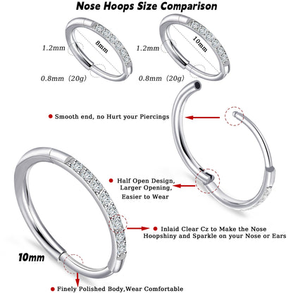Aro nasal de titanio G23 Limerencia, aro nasal con circonita 8 mm / 10 mm | Arete de cartílago, anillo de septo, piercing para tragus, concha, hélice, daith y labio, joyería para mujer y hombre