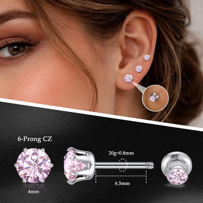 Limerencia Orecchini borchia titanio G23 CZ retro piatto ipoallergenici donna | Titanio F136 grado impianto 20G, chiusura vite piatta 6 griffe senza nichel, piercing cartilagine/trago, comfort 24h per orecchie sensibili