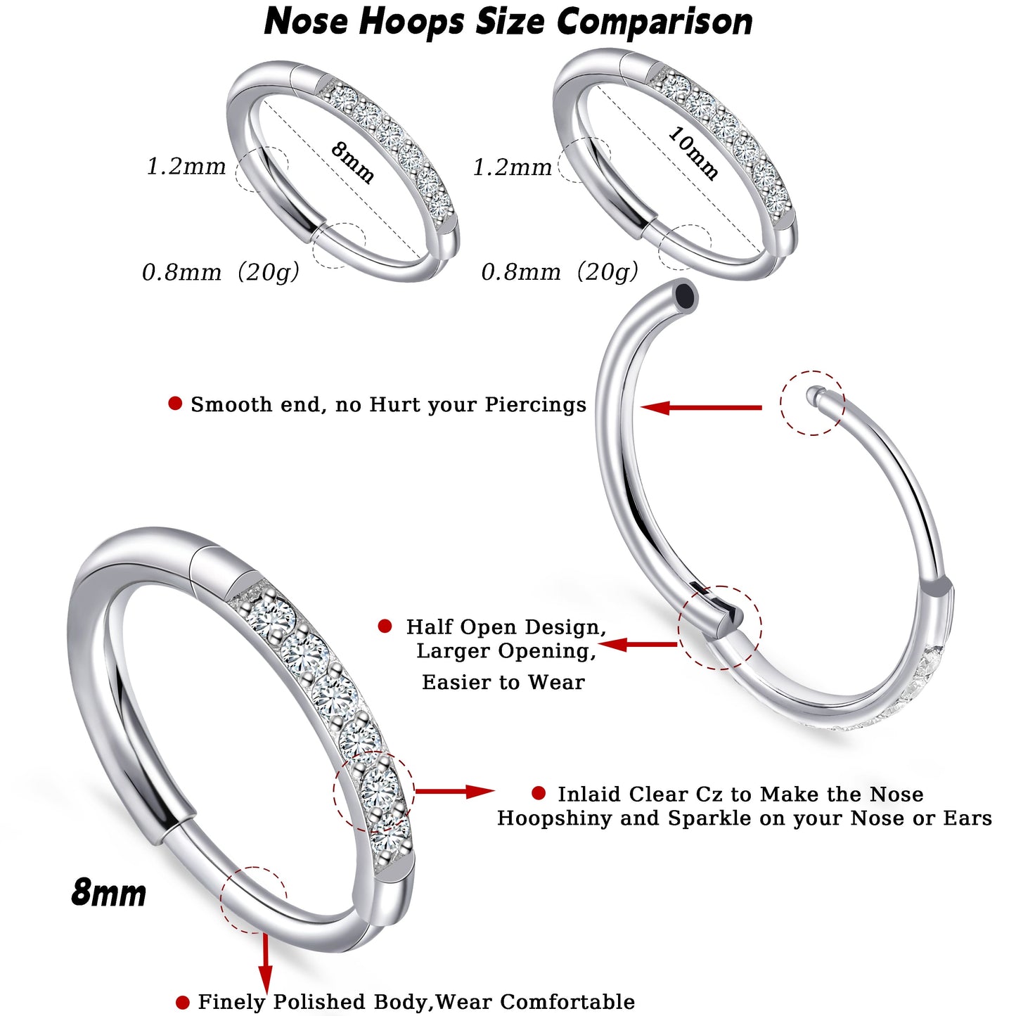 Aro nasal de titanio G23 Limerencia, aro nasal con circonita 8 mm / 10 mm | Arete de cartílago, anillo de septo, piercing para tragus, concha, hélice, daith y labio, joyería para mujer y hombre