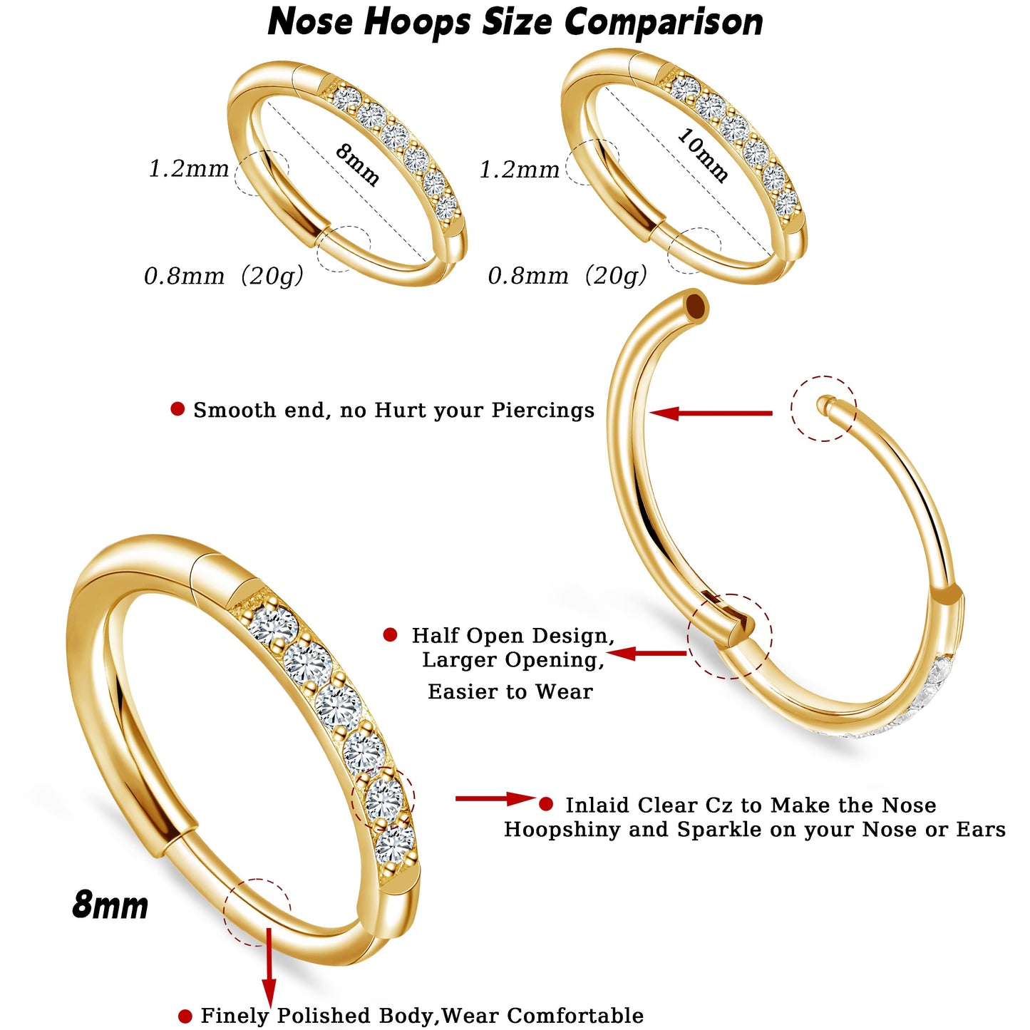 Aro nasal de titanio G23 Limerencia, aro nasal con circonita 8 mm / 10 mm | Arete de cartílago, anillo de septo, piercing para tragus, concha, hélice, daith y labio, joyería para mujer y hombre