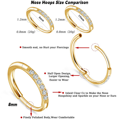 Aro nasal de titanio G23 Limerencia, aro nasal con circonita 8 mm / 10 mm | Arete de cartílago, anillo de septo, piercing para tragus, concha, hélice, daith y labio, joyería para mujer y hombre