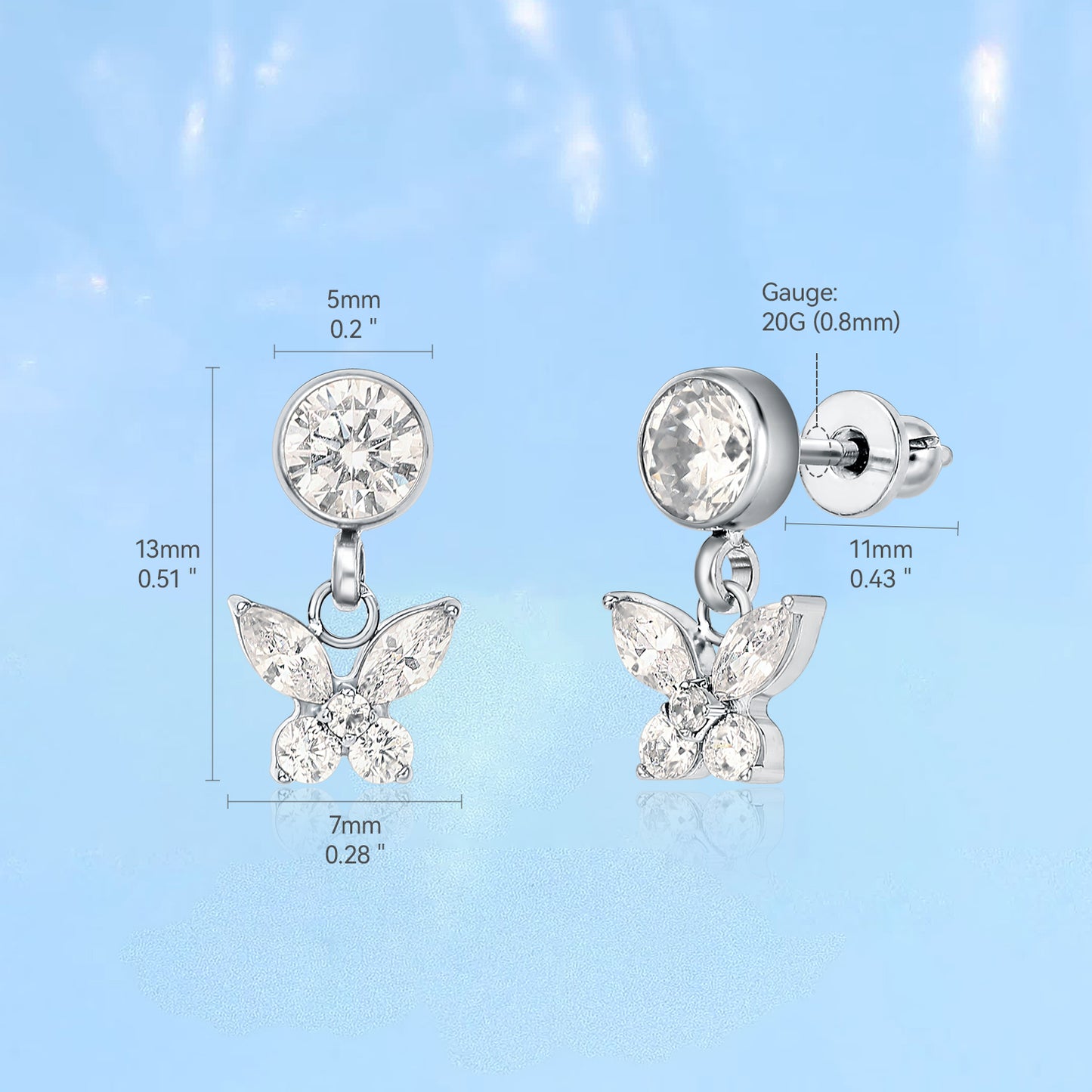 Limerencia Hypoallergenic F136 Titanium Cubic Zirconia Butterfly Drop Dangle Stud Earrings G23 for Girls Women (Clear White)