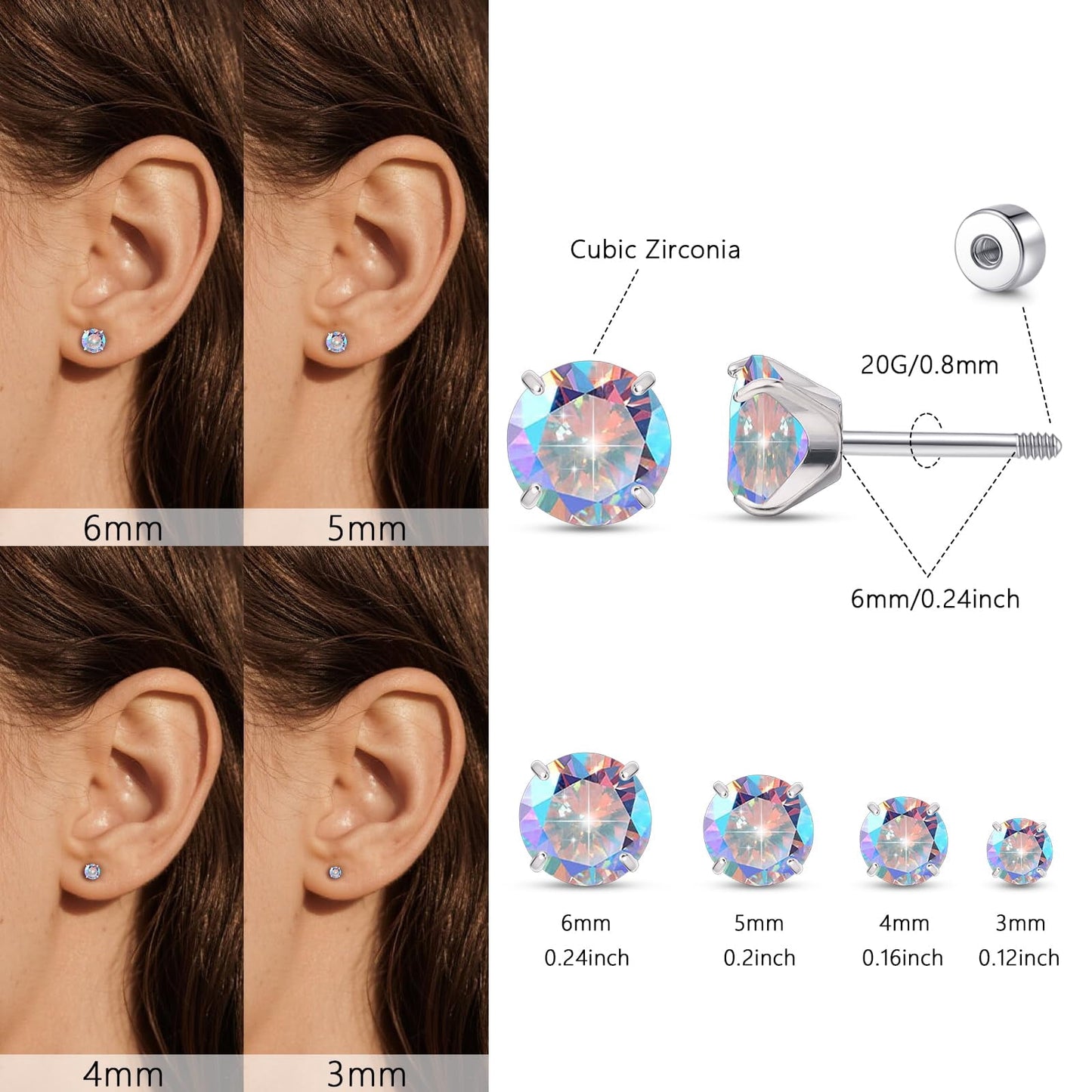 Limerencia Titanium Jewelry Flat Back Cartilage Earrings, Hypoallergenic Cubic Zirconia Studs, Pack of 4 Pairs, 3-6mm for Women and Men