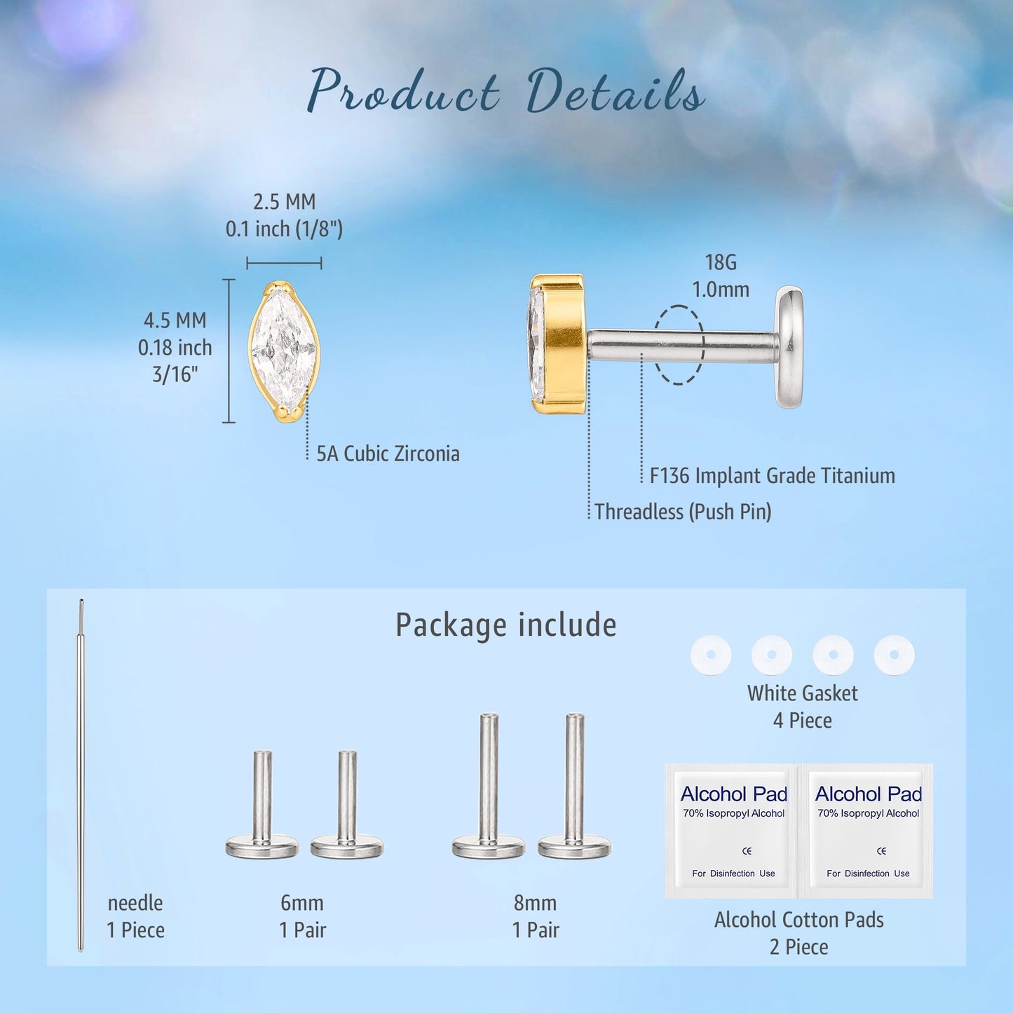 Flat Back Earrings Stud | F136 Titanium Nose Rings  Piercing Threadless Tragus Labret Cartilage Lip  Conch Body Piercing Jewelry Hypoallergenic for Women Men