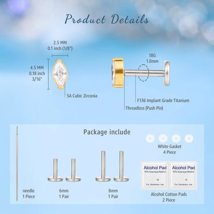 Flat Back Earrings Stud | F136 Titanium Nose Rings  Piercing Threadless Tragus Labret Cartilage Lip  Conch Body Piercing Jewelry Hypoallergenic for Women Men