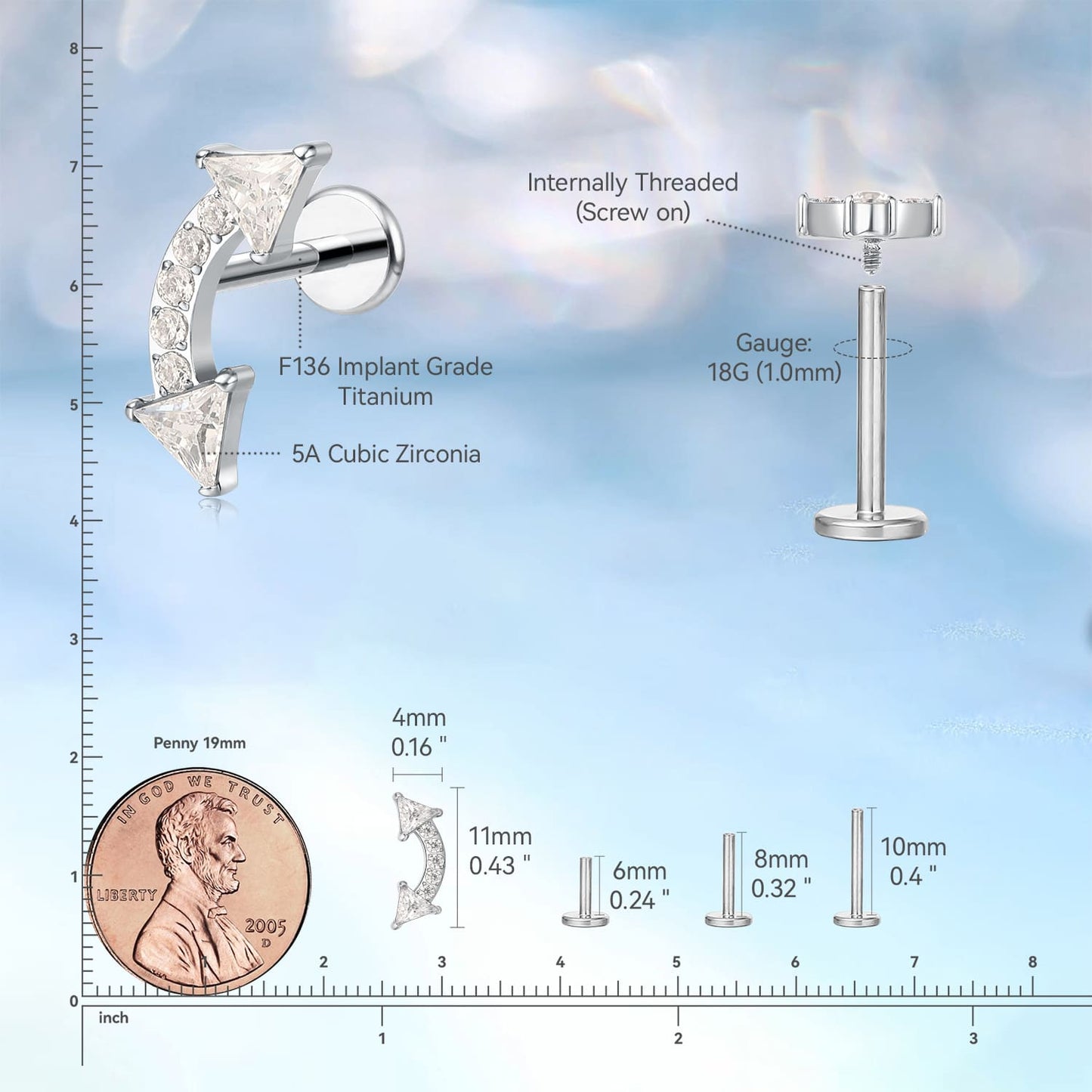 Limerencia Piercing Freccia in Titanio F136 Grado Implantare Ipoallergenico, Orecchini a Perno con Filettatura Interna Retro Piatto 18G 6mm 8mm 10mm per Trago, Helix, Conchiglia, Cartilagine e Labbro – 1 Pezzo
