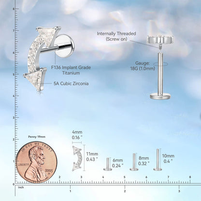 Limerencia Piercing Freccia in Titanio F136 Grado Implantare Ipoallergenico, Orecchini a Perno con Filettatura Interna Retro Piatto 18G 6mm 8mm 10mm per Trago, Helix, Conchiglia, Cartilagine e Labbro – 1 Pezzo